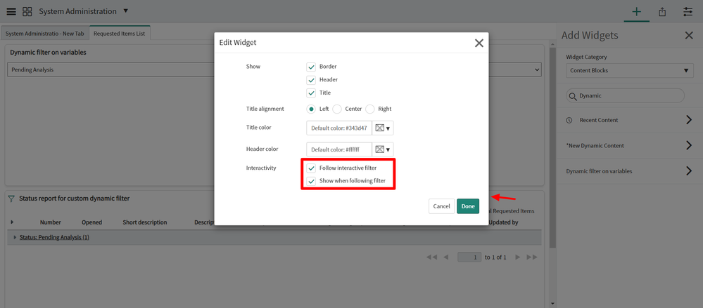 Configuring the report widget to follow the interactive filter